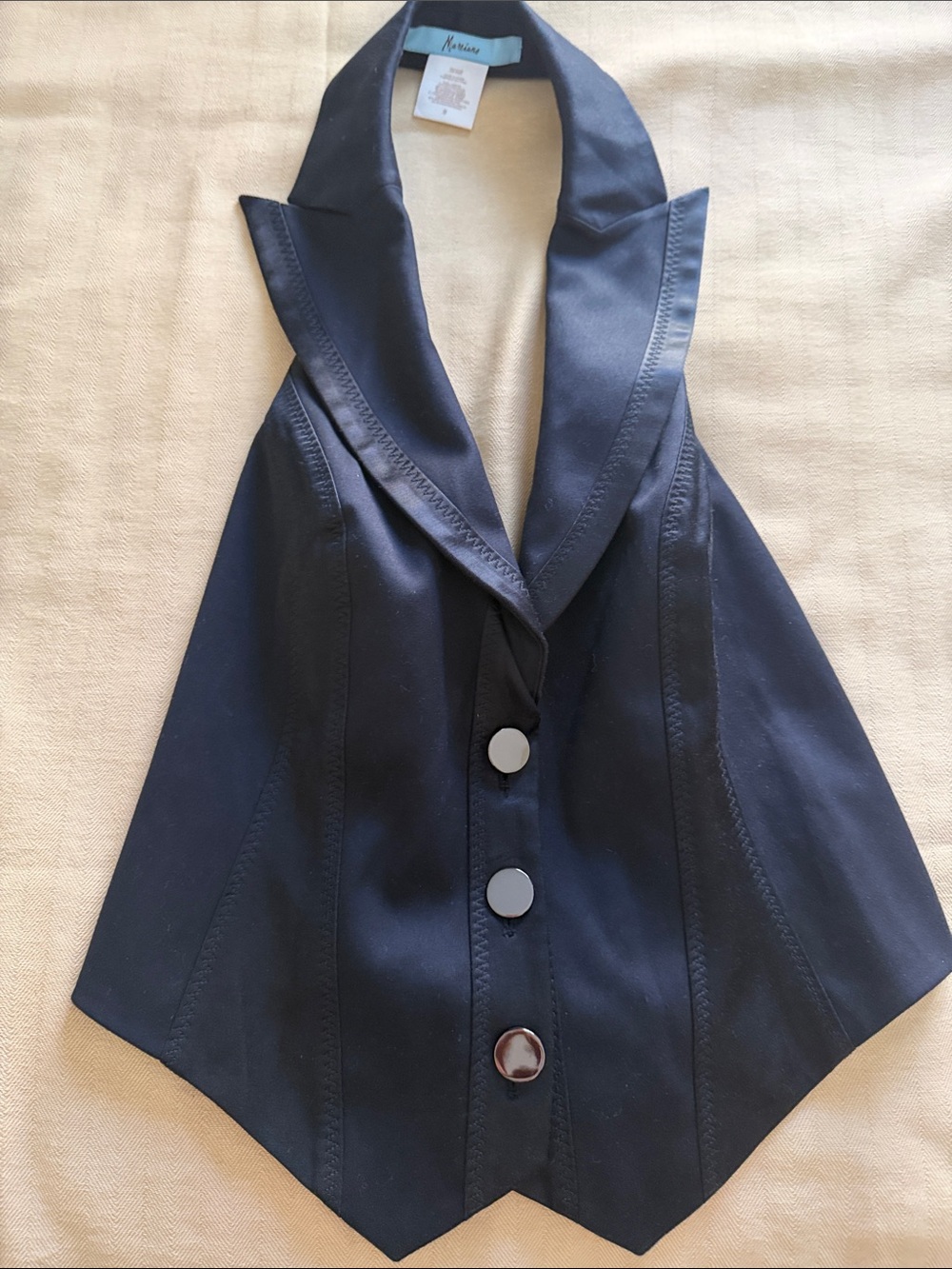 New Marciano Black Satin Halter Vest with Peak Lapel, size 8, Perfect condition🤩